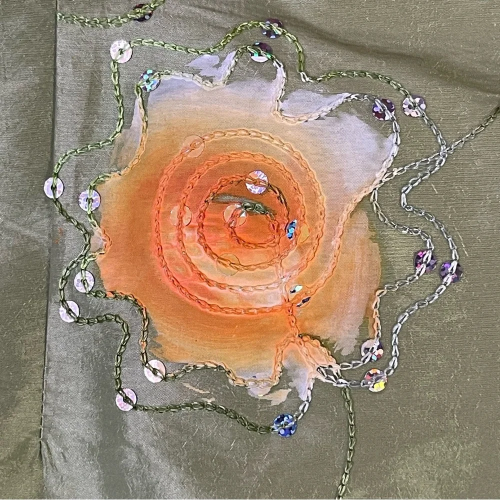 Art to wear Embroidered Floral Satin Jacket Beaded Mandarin Collar Pastel Green‎